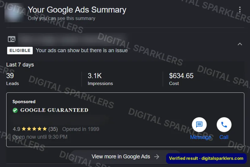 Google Local Services Ads summary: 39 leads in 7 days